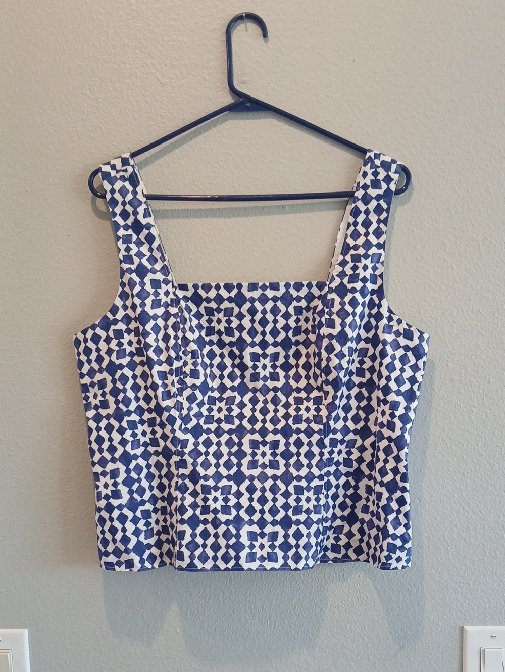 Lands' End Blue & White Square-Neck Tank Crop Top Summer Size 14